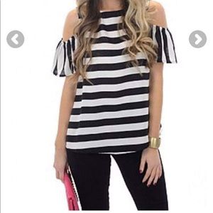 Black and white striped cold shoulder top